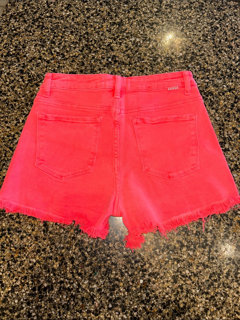 Risen Neon Orange High-Rise Frayed Hem Jean Shorts - Picture 5 of 6